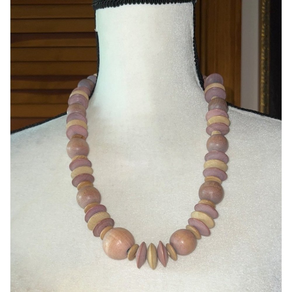 Lavender and Beige Disc Wood Necklace